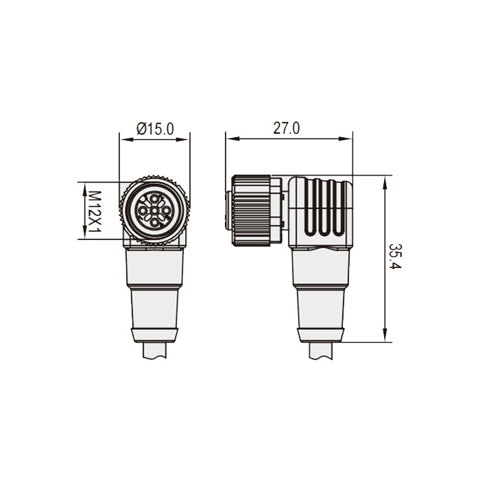 M12 3Pin、母头90°、带LED灯、IP 69K-ECOLAB、食品级、单端预铸PVC非柔性电缆、灰色护套、64E003-XXX