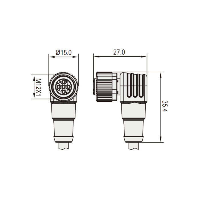 M12 4Pin 母头90°、带LED灯、IP 69K-ECOLAB、食品级、单端预铸PUR柔性电缆、黑色护套、64E061-XXX