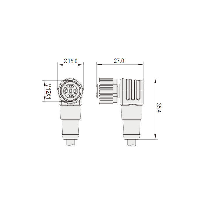 M12 4Pin、母头90°、耐高温120℃、单端预铸PUR柔性电缆、黑色护套、64H061-XXX