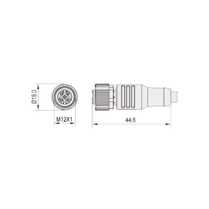 M12 4Pin 母头直型、IP 69K-ECOLAB、食品级、单端预铸PUR柔性电缆、黑色护套、64E021-XXX