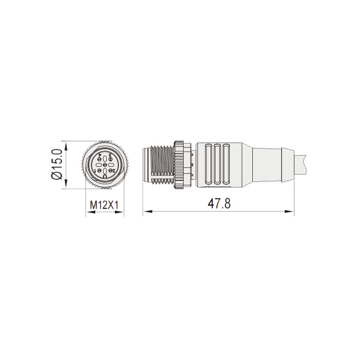 M12 4Pin、公头直型、耐高温120℃、单端预铸PUR柔性电缆、黑色护套、64H141-XXX