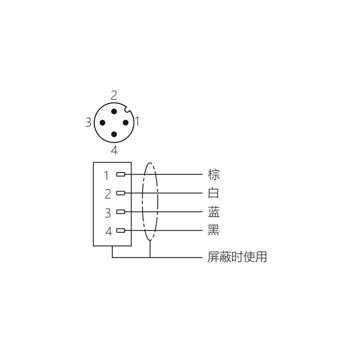 M12 4Pin、公头直型、耐高温120℃、单端预铸PUR柔性电缆、黑色护套、64H141-XXX