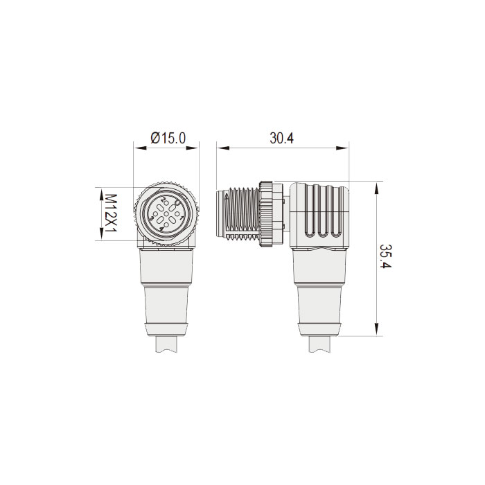 M12 4Pin、公头90°、耐高温120℃、单端预铸PUR柔性电缆、黑色护套、64H161-XXX