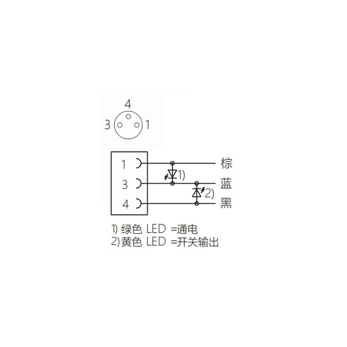 M8 3Pin、母头90°、带LED灯、IP 69K-ECOLAB、食品级、单端预铸PUR柔性电缆、黑色护套、63E001-XXX