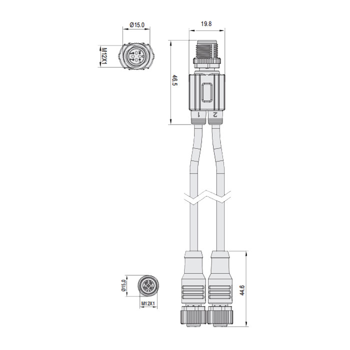 M12 4Pin公头/2M12 3Pin 母头直型、IP 69K-ECOLAB、食品级、Y型预铸PUR柔性电缆、黑色护套、64E401-XXX