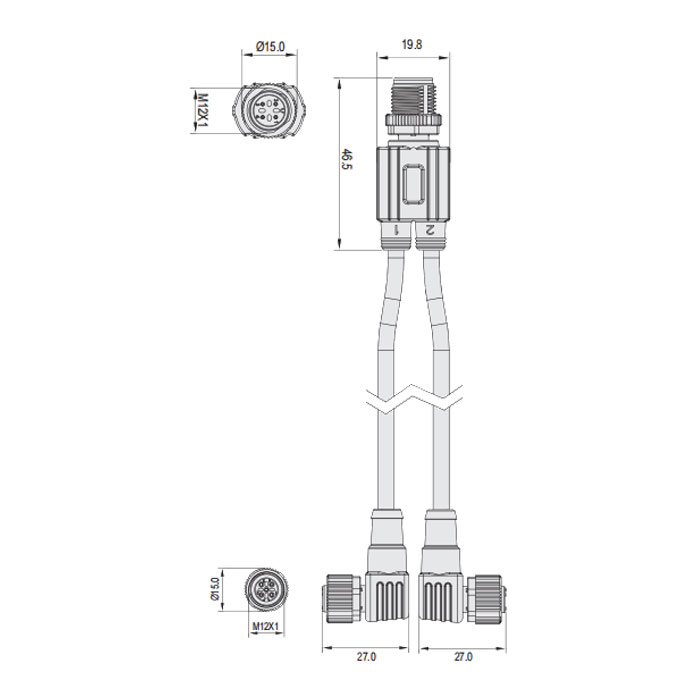 M12 4Pin公头/2M12 3Pin母头90°、带LED灯、IP 69K-ECOLAB、食品级、Y型预铸PVC非柔性电缆、灰色护套、64E423-XXX