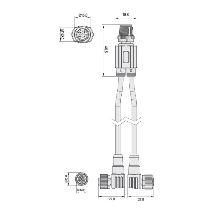 M12 4Pin公头/2M12 3Pin母头90°、IP 69K-ECOLAB、食品级、Y型预铸PVC非柔性电缆、灰色护套、64E443-XXX