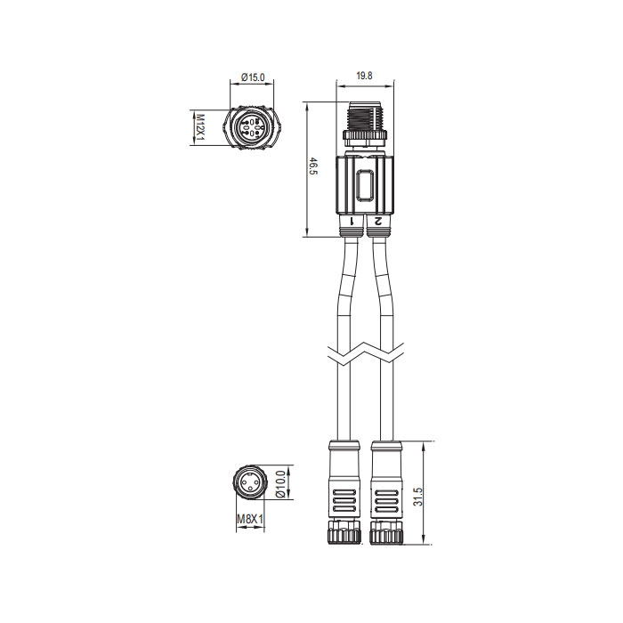 M12 4Pin公头/2M8 3Pin母头、Y型预铸PUR拖链电缆、黑色护套、64D421-XXX