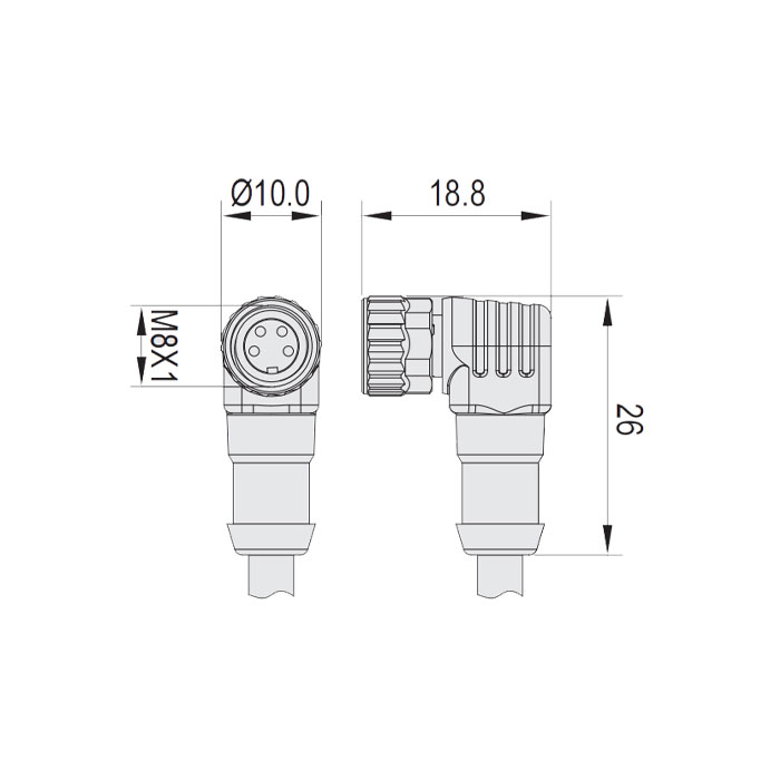 M8 4Pin、母头90°、单端预铸电缆、防焊渣PUR材质、橙色护套、63T061-XXX