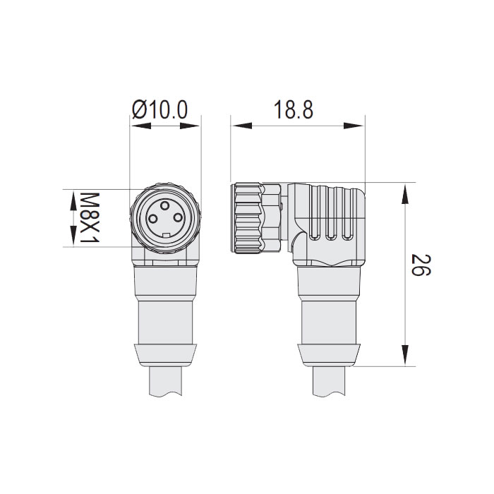  M8 3Pin、母头90°、单端预铸电缆、防焊渣PUR材质、橙色护套、63T021-XXX