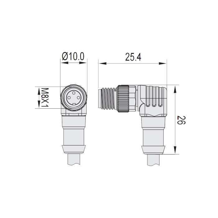  M8 3Pin、公头90°、单端预铸电缆、防焊渣PUR材质、橙色护套、63T541-XXX