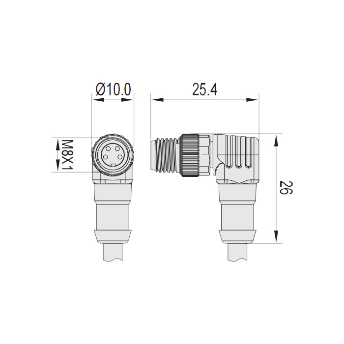 M8 4Pin、公头90°、单端预铸电缆、防焊渣PUR材质、橙色护套、63T581-XXX