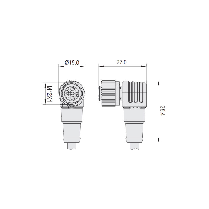 M12 5Pin、母头90°、单端预铸电缆、防焊渣PUR材质、橙色护套、64T543-XXX