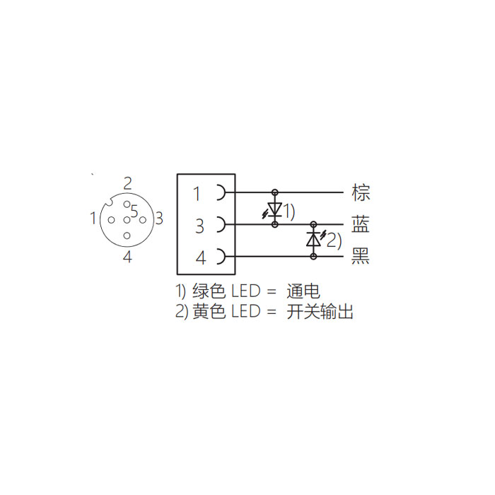 M12 3Pin、母头直型、带LED灯、单端预铸电缆、防焊渣PUR材质、黄色护套、64T031-XXX