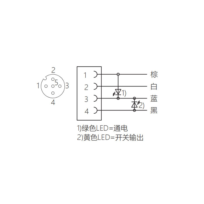 M12 4Pin、母头直型、带LED灯、单端预铸电缆、防焊渣PUR材质、黄色护套、64T311-XXX