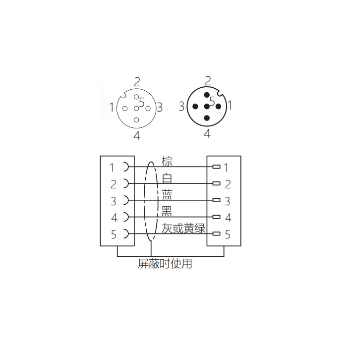 M12 5Pin、母头直型转公头直型、双端预铸防焊渣PUR柔性电缆、黄色护套、64T531-XXX