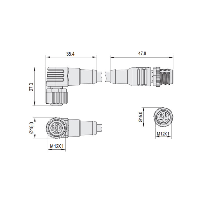 M12 5Pin、母头90°转公头直型、双端预铸PUR柔性电缆、橙色护套、64T553-XXX