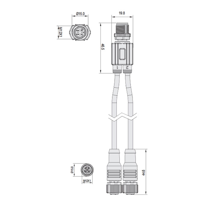 M12 4Pin公头/2M12 3Pin母头、Y型预铸防焊渣PUR柔性电缆、黄色护套、64T161-XXX