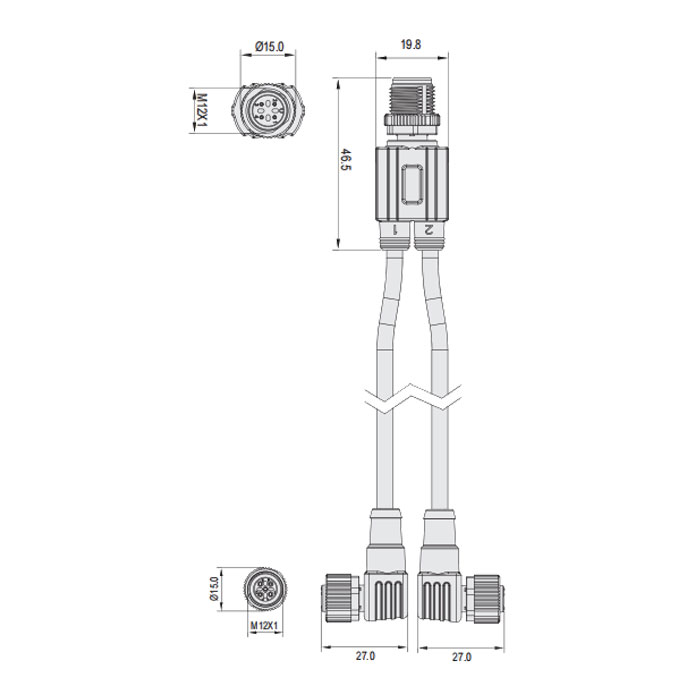 M12 4Pin公头/2M12 3Pin母头90°、带LED灯、Y型预铸防焊渣PUR柔性电缆、橙色护套、64T183-XXX