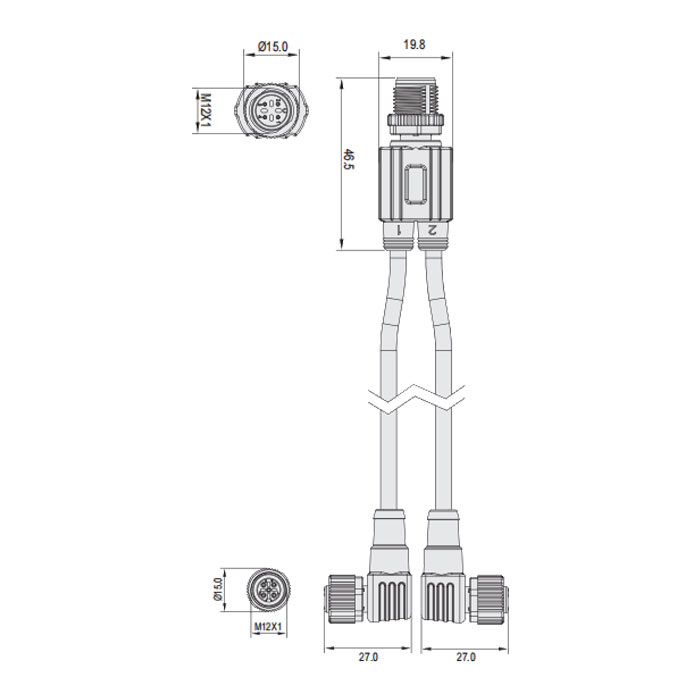 M12 4Pin公头/2M12 3Pin母头90°、Y型预铸防焊渣PUR柔性电缆、橙色护套、64T203-XXX