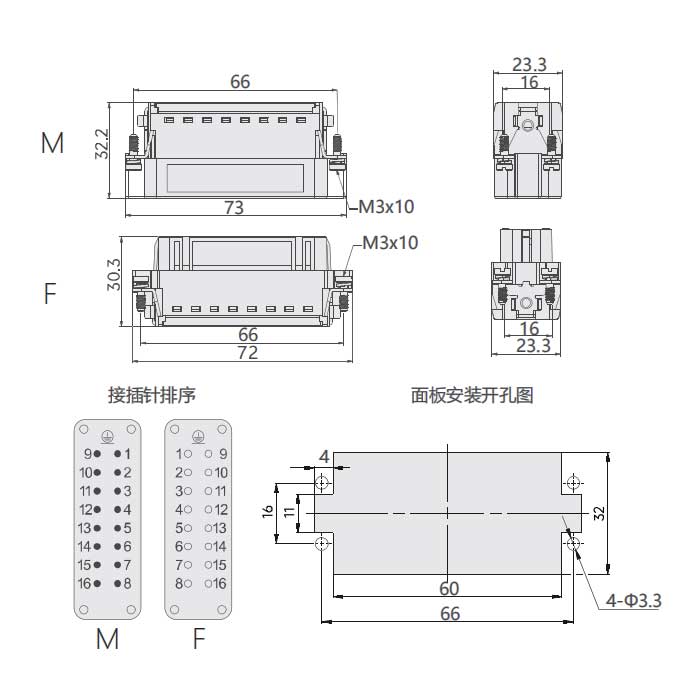 母芯件、弹片压接、适配H16A外壳、HAS-016-F、09200162833