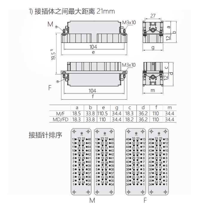 公芯件、冷压接、适配H48B外壳、HEE-046-M(1-46) / HEE-046-MD(47-92)、09320463001/09320463011