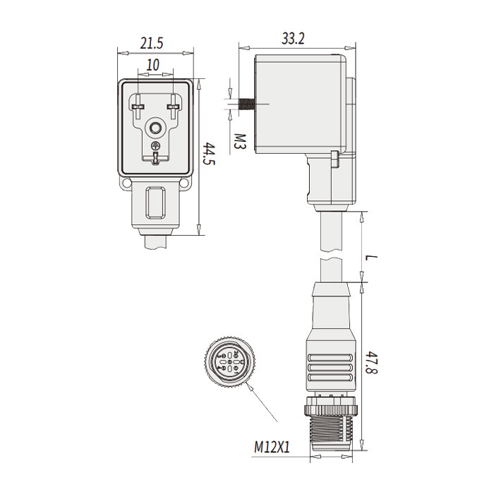 阀门插头类型B，DIN，10mm，3Pin转M12公头直型、双端预铸PVC非柔性电缆、灰色护套、6VB043-XXX