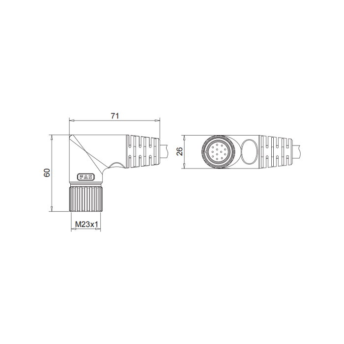 M23 12Pin、Female 90°、Single ended precast PUR flexible cable、Black sheath、68BB41-XXX