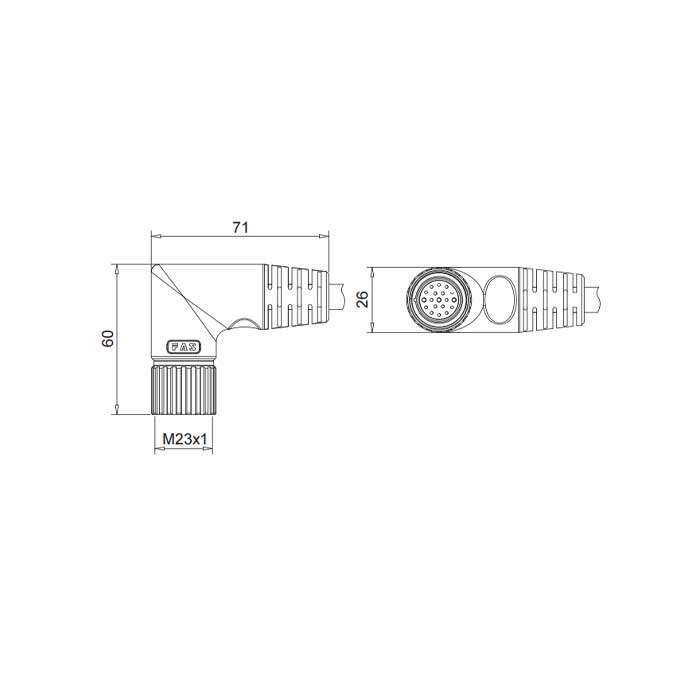 M23 19Pin、母头90°、单端预铸PUR柔性电缆、黑色护套、68LB41-XXX