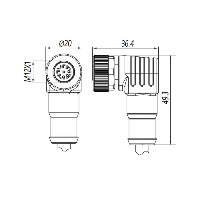 M12 8Pin、母头90°、单端预铸PUR柔性电缆、黑色护套、64S441-XXX