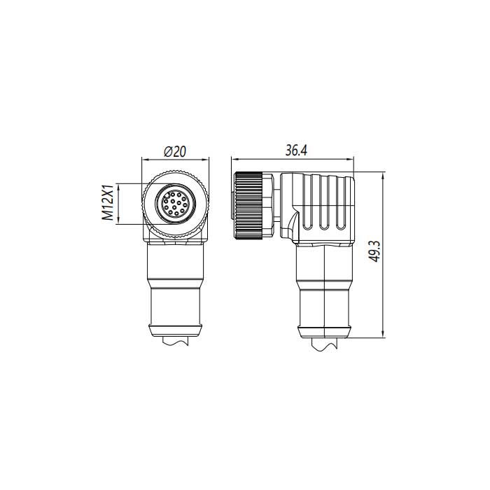 M12 12Pin、母头90°、单端预铸PUR柔性电缆、黑色护套、64S491-XXX