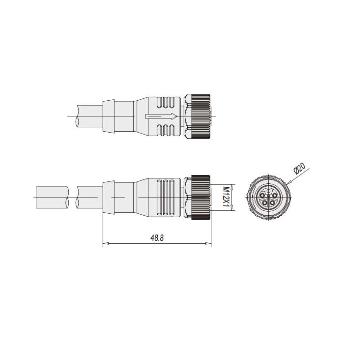 M12 5Pin、L-coded、母头直型、单端预铸PUR柔性电缆、黑色护套、64LS05-XXX