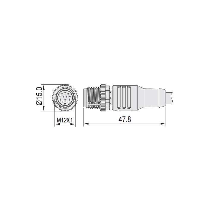 M12 12Pin、公头直型、单端预铸PUR柔性电缆、黑色护套、64S401-XXX