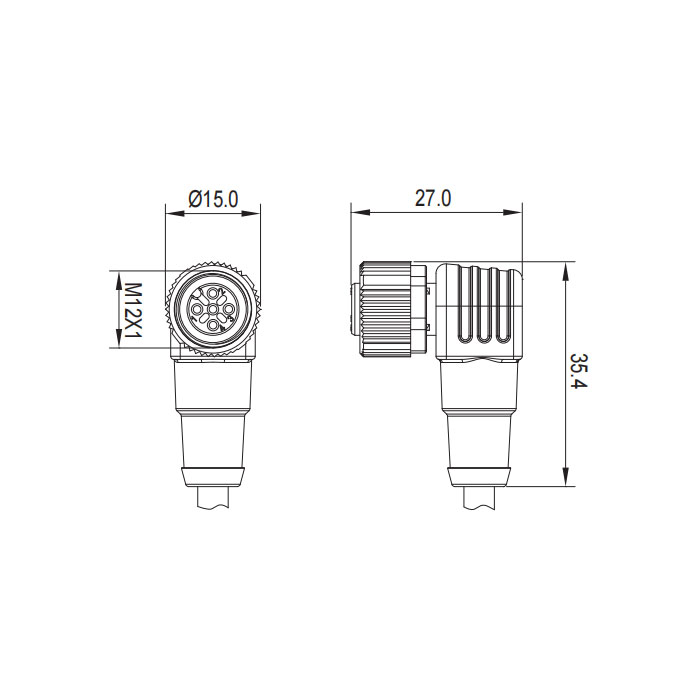 M12 5Pin、引脚5灰、母头90°、带LED灯、引脚5灰色、单端预铸PUR柔性电缆、黑色护套、64S301-XXX