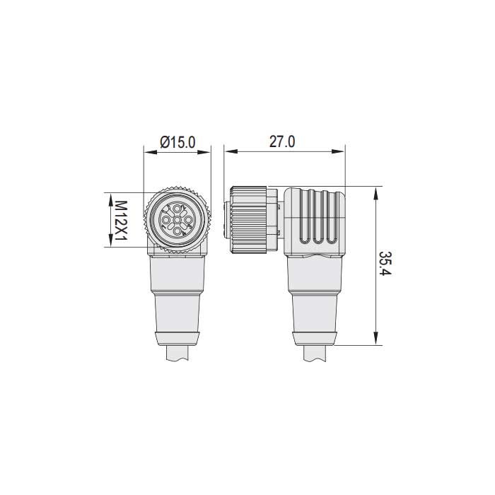 M12 5Pin 、母头90°、引脚5黄绿、单端预铸PUR柔性电缆、黑色护套、64S289-XXX