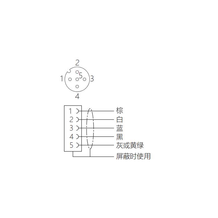 M12 5Pin 、母头90°、引脚5黄绿、单端预铸PUR柔性电缆、黑色护套、64S289-XXX