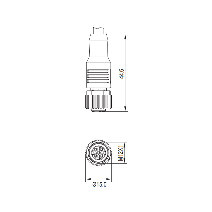 M12 5Pin 、母头直型、引脚5灰色、单端预铸PVC非柔性电缆、带屏蔽、灰色护套、64S267-XXX