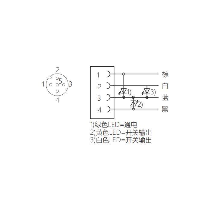 M12 4Pin、母头 90°、带LED灯、单端预铸PUR柔性电缆、黑色护套、64S241-XXX