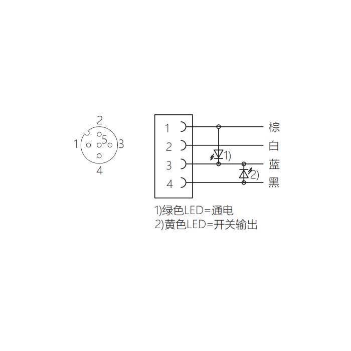 M12 4Pin、母头直型、带LED灯、单端预铸PVC非柔性电缆、灰色护套、64S163-XXX