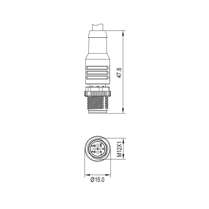 M12 4Pin、公头直型、单端预铸PVC非柔性电缆、灰色护套、64S103-XXX