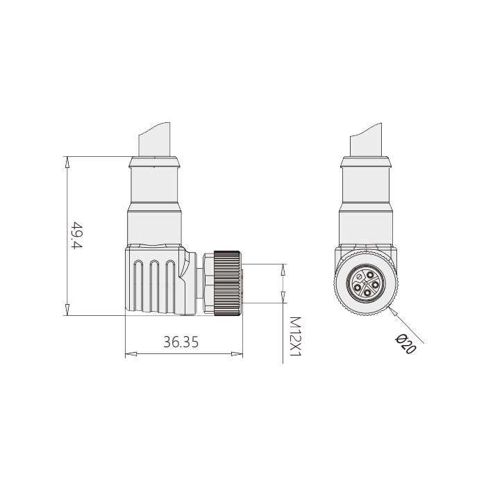 M12 5Pin、L-coded、母头90°、单端预铸PUR柔性电缆、黑色护套、64LS45-XXX