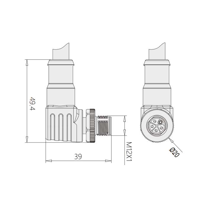 M12 5Pin、L-coded、公头90°、单端预铸PVC非柔性电缆、黄色护套、64LS63-XXX