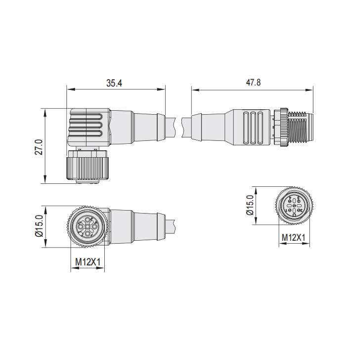 M12 5Pin 、母头90°转公头直型、双端预铸PVC非柔性电缆、带屏蔽、灰色护套、64D327-XXX