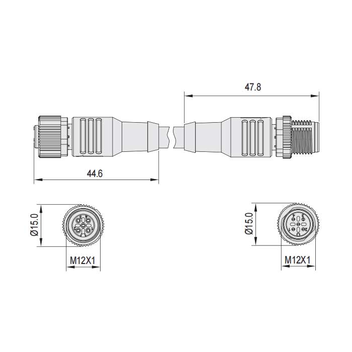 M12 5Pin、母头直型转公头直型、双端预铸PUR柔性电缆、带屏蔽、黑色护套、64D285-XXX