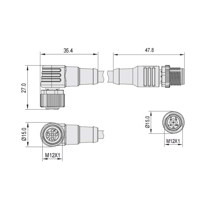 M12 4Pin、母头90°转公头直型、双端预铸PVC非柔性电缆、带屏蔽、灰色护套、64D227-XXX