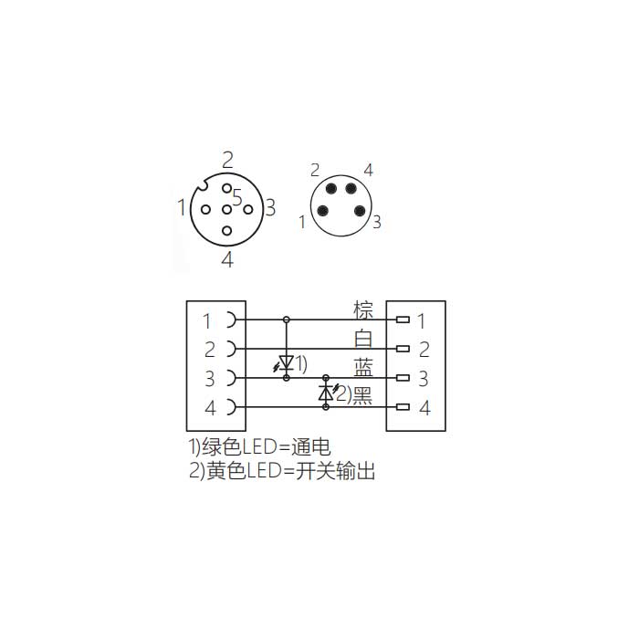 M12母头90°带LED转M8公头直型、4Pin、双端预铸PVC非柔性电缆、灰色护套、64D103-XXX