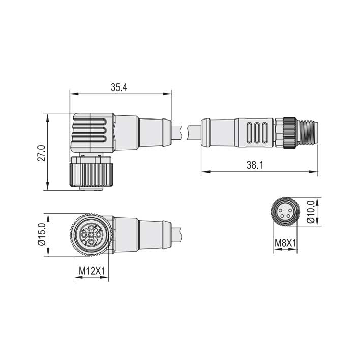 M12 母头90°转M8公头直型、4Pin、双端预铸PVC非柔性电缆、灰色护套、64D083-XXX