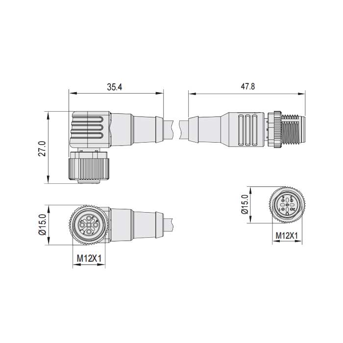 M12 5Pin、母头90°带LED灯转公头直型、双端预铸PUR柔性电缆、黑色护套、64D341-XXX