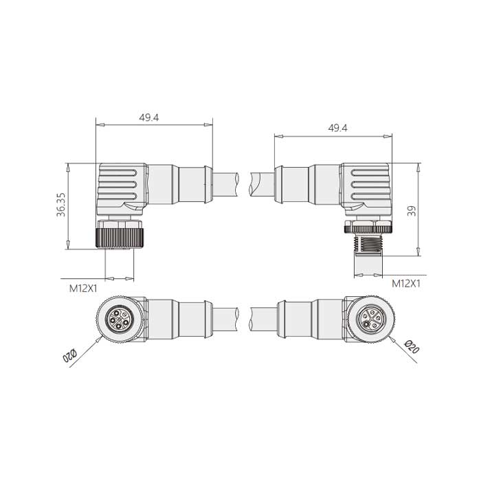 M12 5Pin、L-coded、母头90°转公头90°、双端预铸PVC非柔性电缆、灰色护套、64LD61-XXX