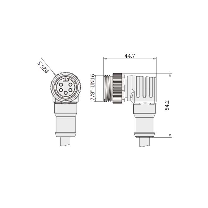 7/8”5Pin、公头90°、单端预铸PUR柔性电缆、黑色护套、0PI055-XXX